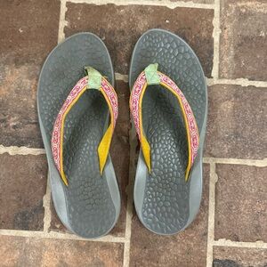 Chaco Women's Grey Flip Sandals with Pink Patterned Straps and Yellow Accents